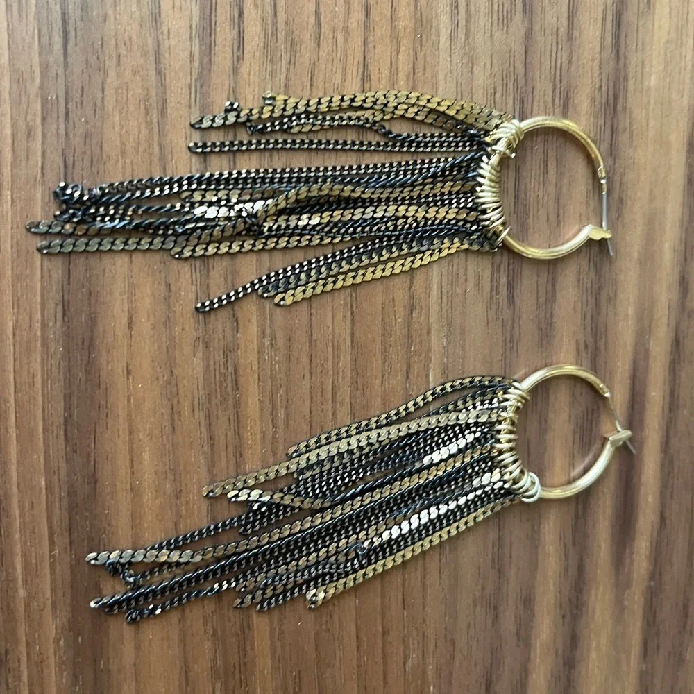 Vintage Y2K 00s Oversized Tricolor Chain Necklace Fringe Earrings Set Boho B3